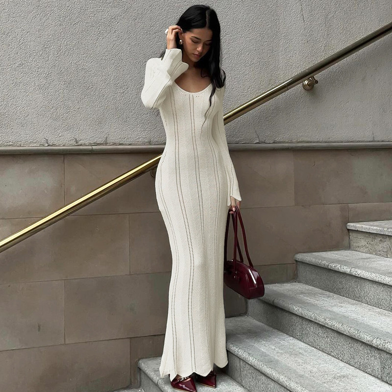 Sexy Deep V-Neck Knit Long Dress Hollow-Out Long Sleeve Cover-Ups Dress Fall Backless Holiday Vestidos