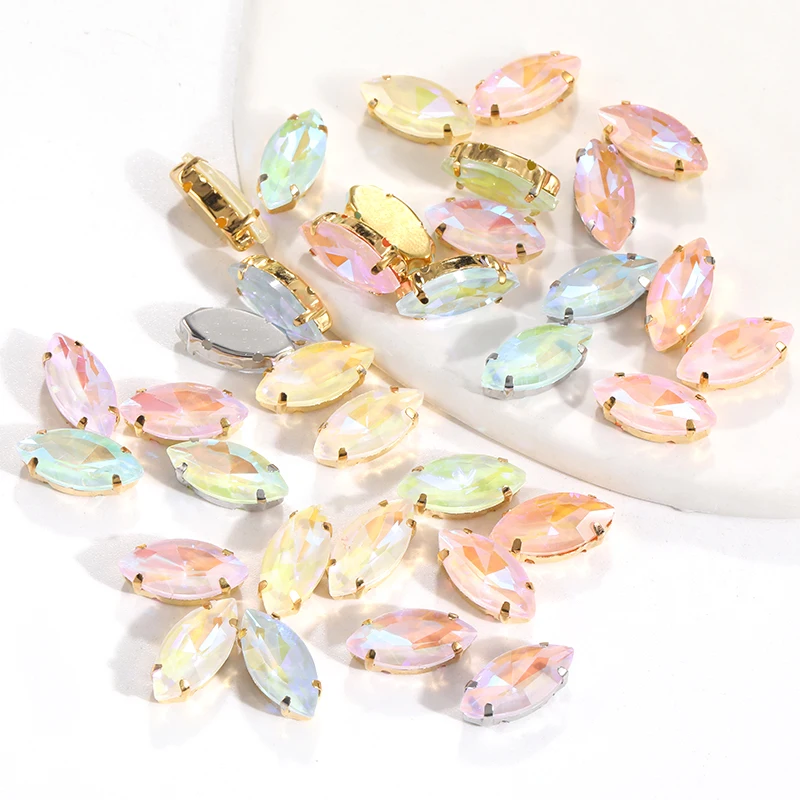

Golden Glitter Leaf Crystal Rhinestones Hand Sew On Glass Stones Ornament Diamond Beads Dress DIY Crafts Claw Drill Accessories