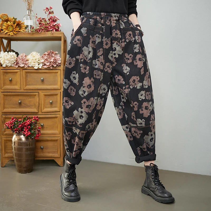 

2022 New Arrival Spring Women Flower Print Vintage Loose Jeans Arts Style Elastic Waist Casual Cotton Denim Harem Pants V853