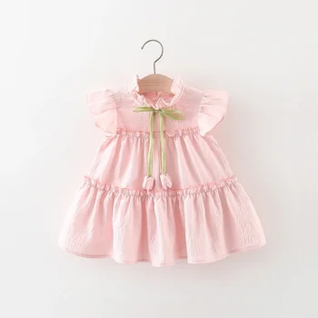 Summer New Pink Tulip Baby Girl Dress, Cute Ruffled Sleeve Children'S Clothing For Babies Aged 9 Months To 4 Years Old 1