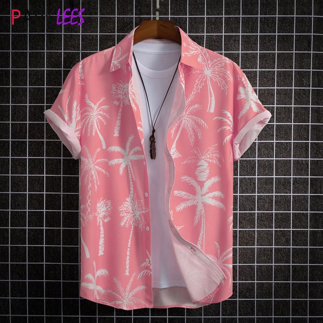 Camisa hawaiana con estampado de arbol de coco rosa para hombre manga corta secado rapido Aloha