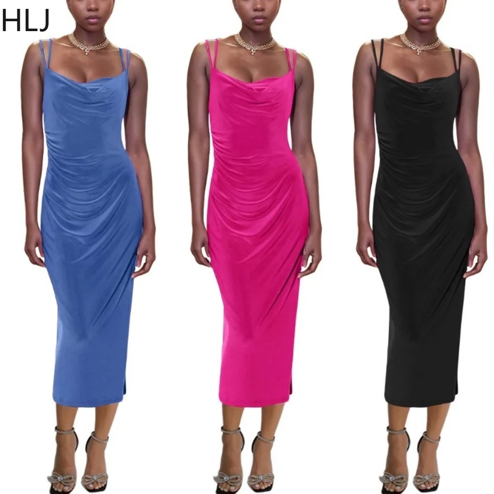 

HLJ Sexy Solid Color Ruched Suspenders Dress Women Round Neck Thin Strap Sleeveless Backless Slim Vestidos Fashion Clothing 2024