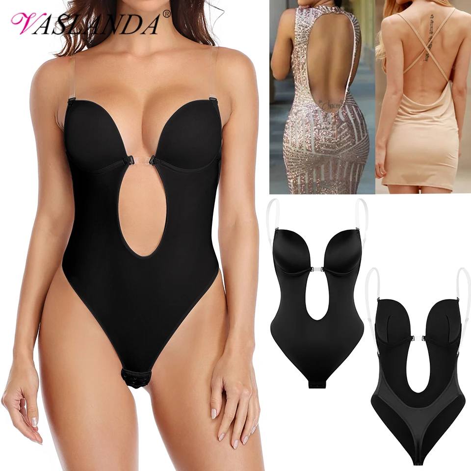 

Shapewear Bodysuit Women Deep V-Neck Body Shaper Padded Bra Backless U Plunge Thong Shaper Waist Trainer Push Up Party Underwear