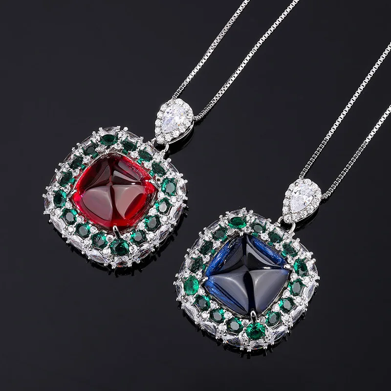 

Elegant Lab Created Halo Emerald 14*14mm Sugar Tower Ruby Sapphire Pendant Necklace For Women Vintage Jewelry Anniversary Gift