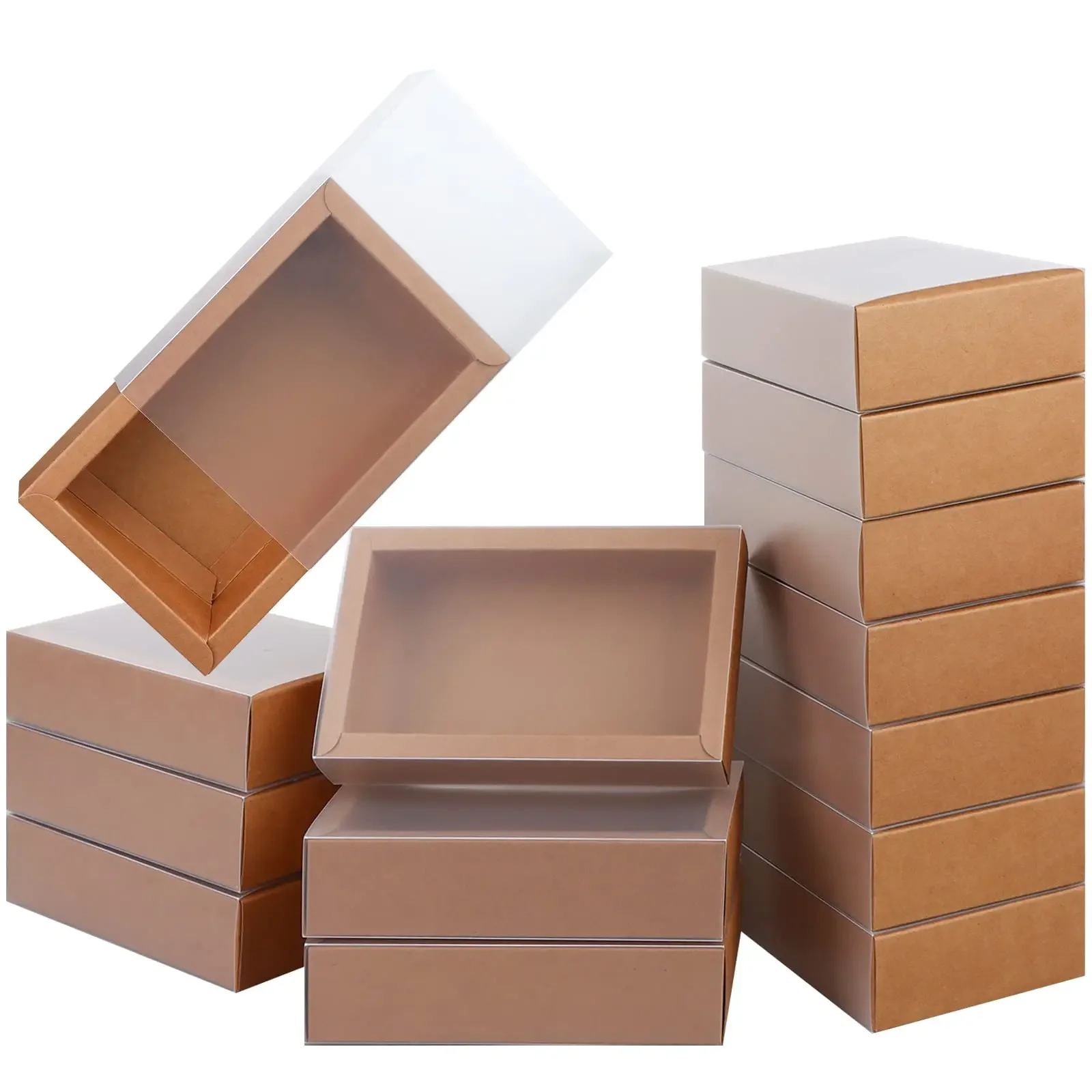 

12Pcs Rectangle Kraft Paper Drawer Boxes with Clear PVC Window Small Cardboard Present Packaging Box for Party Favor Treats Soap
