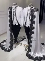 Luxury Shiny Diamond Suits For Men 3 Pieces Groom Wedding Tuxedos Long Cape Formal Customized Male Blazers trajes para hombre 1
