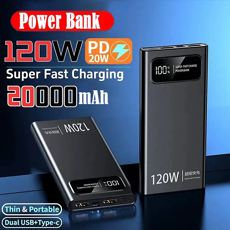 New 20000mAh Power Bank 120W Super Fast Charging Large Capacity Digital Display Mobile Power Supply for IPhone Samsung Huawei 2