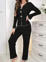 2-Piece Women's Autumn and Winter Pure Color Elegant Bow Women's Simple Long-Sleeved Pants Pajama Set Leisure home clothing - Image 5