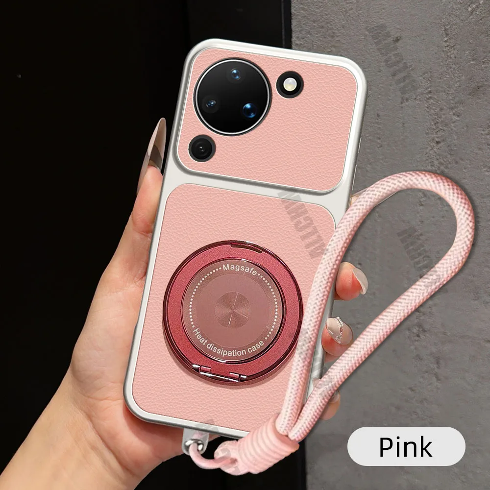 Magnetic Rotating Bracket Phone Case with Lanyard - PU Leather Soft Cover