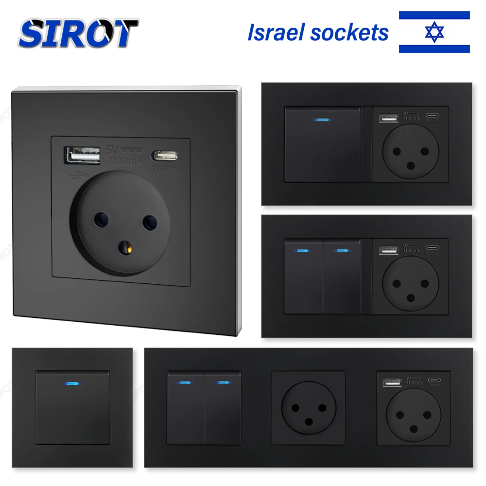 เต้ารับไฟฟ้ามาตรฐานอิสราเอล SIROT, พอร์ตชาร์จโทรศัพท์มือถือ USB Type-C 5V 2.1A, สวิตช์และเต้ารับไฟฟ้าสีดำแบบรวมสำหรับอิสราเอล 1