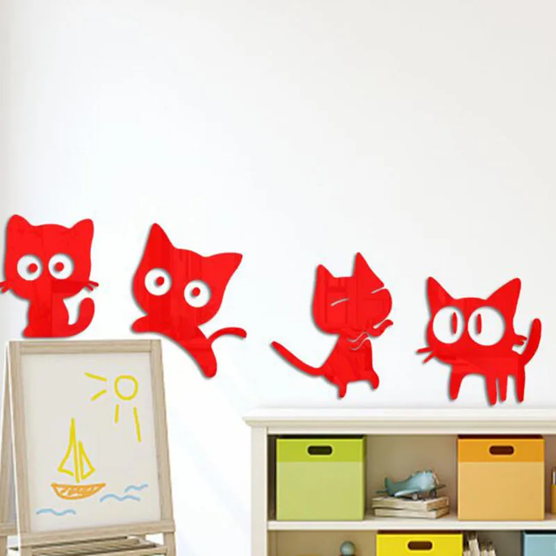 2 Sets Acrylic Cute Car Mirror Sticker Decorated Self-adhesive Wall Stickers for Children Bedroom Living Room