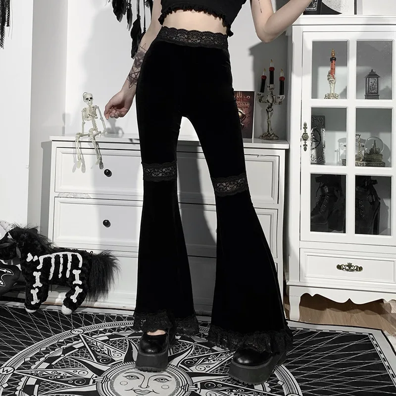 

[You're My Secret] Women Gothic Punk Black Velvet Flare Pants Sexy Hollow Out Lace Patchwork High Waist Vintage Bell Bottom