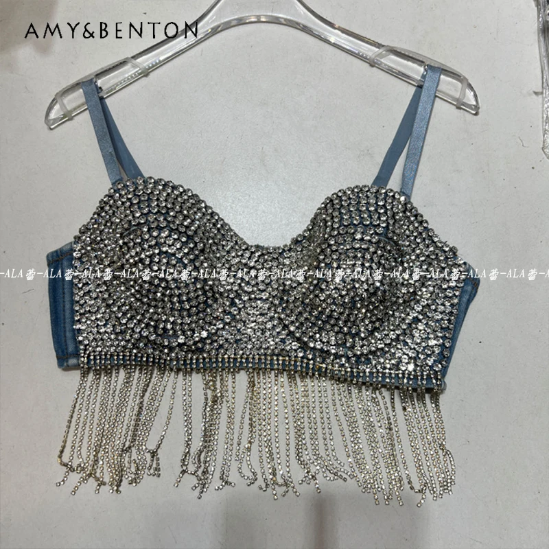 

New Heavy Industry Rhinestone Diamond Tassel Bra Vest 2024 Spring And Summer Fashion Nightclub Wind Fashion Design Y2k Slings