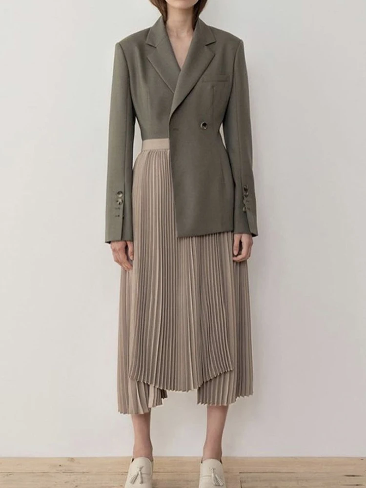 [LANMREM] Single Button Gathered Waist Blazers For Women Long Sleeve Office Lady Green Jackets Fashion 2024 Spring New 26D8926