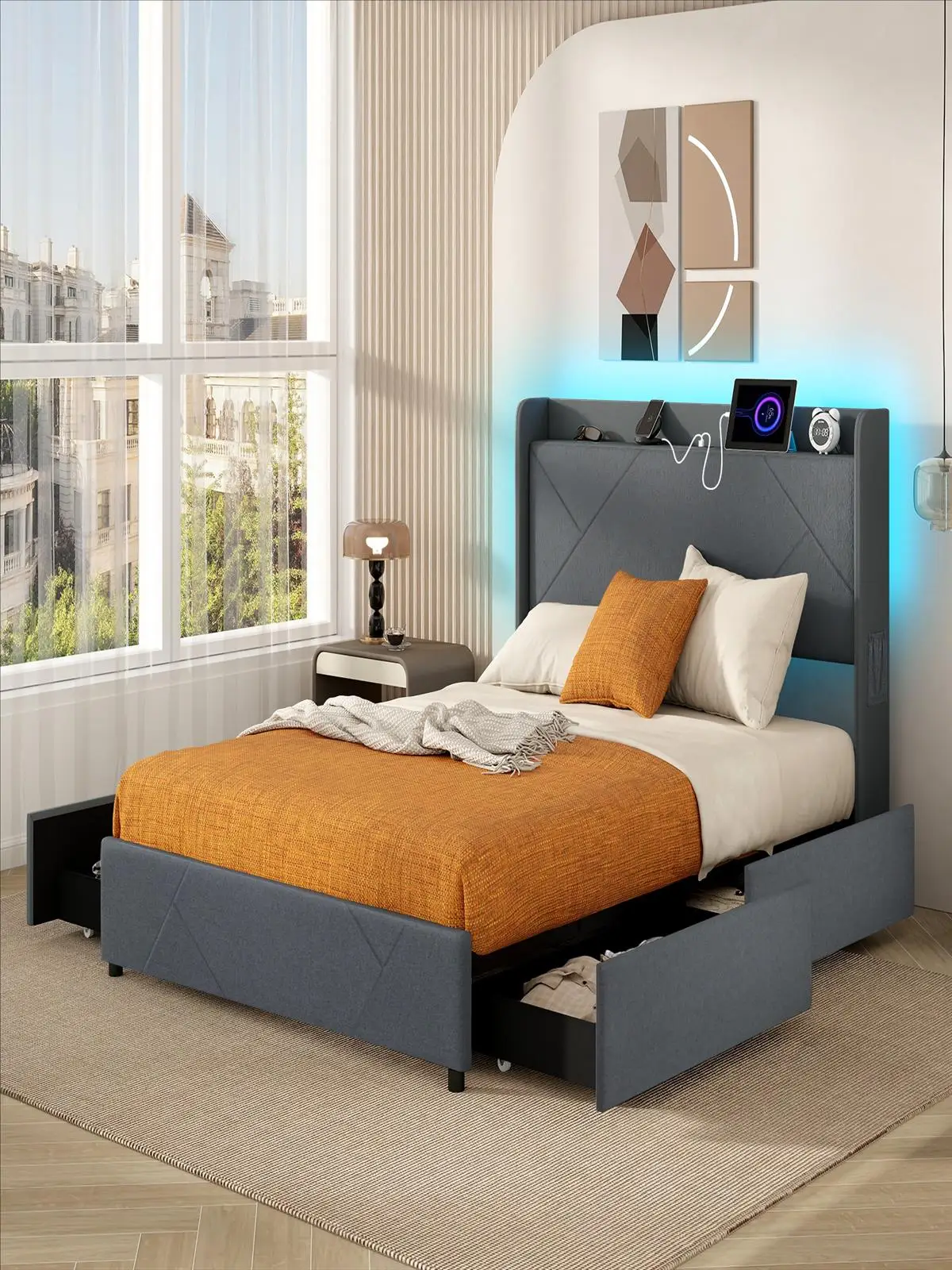 Doppelbettgestell mit LED-Leuchten, gepolstertes Plattformbett mit Ladestation, 2 Aufbewahrungstaschen und 4 Schubladen – Detail 1