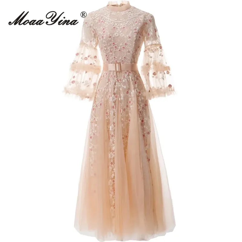 

MoaaYina Fashion Designer dress Summer Women Dress Flounces Collar Belt Slim Net Yarn Floral Embroidery Big Swing Long Dresses