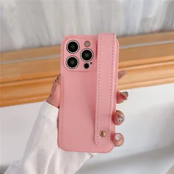 Elegant Leather Wrist Strap Candy Stand Case with Hand Band Holder and Silicone Cover - iPhone 14 Pro (Pink)