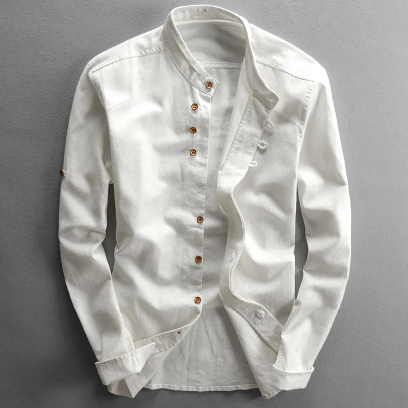 Japan Style Mens Linen Cotton Shirt Harajuku Stand Collar Long Sleeve 