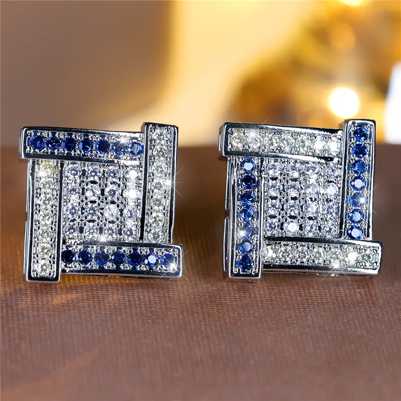 Female Crystal Blue Square Stud Earrings Vintage Silver Color Wedding Fashion Jewelry For Women