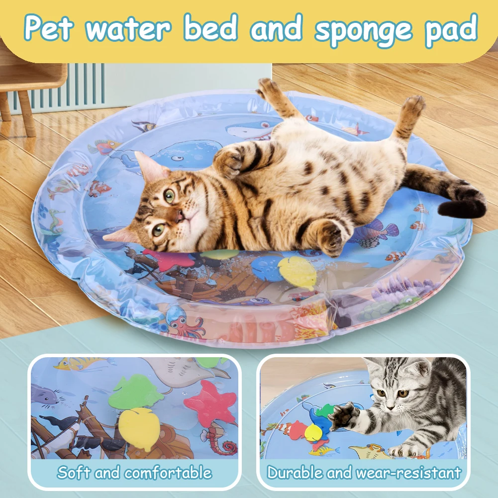 Extra Thick Aqua Interactive Cat Play Mat Floating Fish Cat Toys Cat Water Sensory Playmat Pet Cooling Mat for Running Water Fun