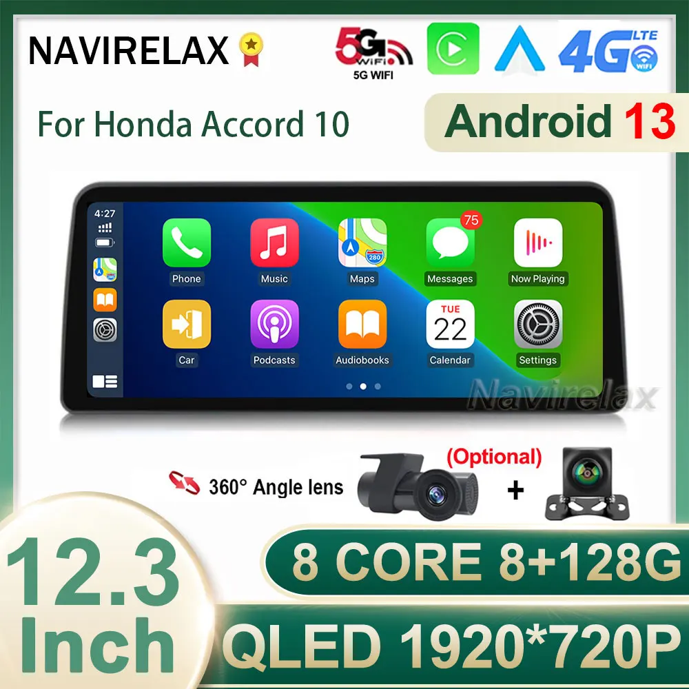

12.3 Inch Android 13 QLED Screen Multimedia Video Player Car Radio For Honda Accord 10 2018 - 2021 GPS Navigation 360 Camera DSP