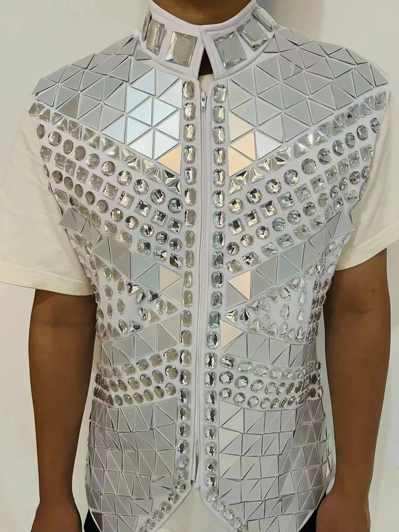 Sparkly Rhinestones Male Mirror Waistcoat Bar Nightclub Singer Stage Crystal Sequins Vest Performance Clothes Drum Dance Coat 4