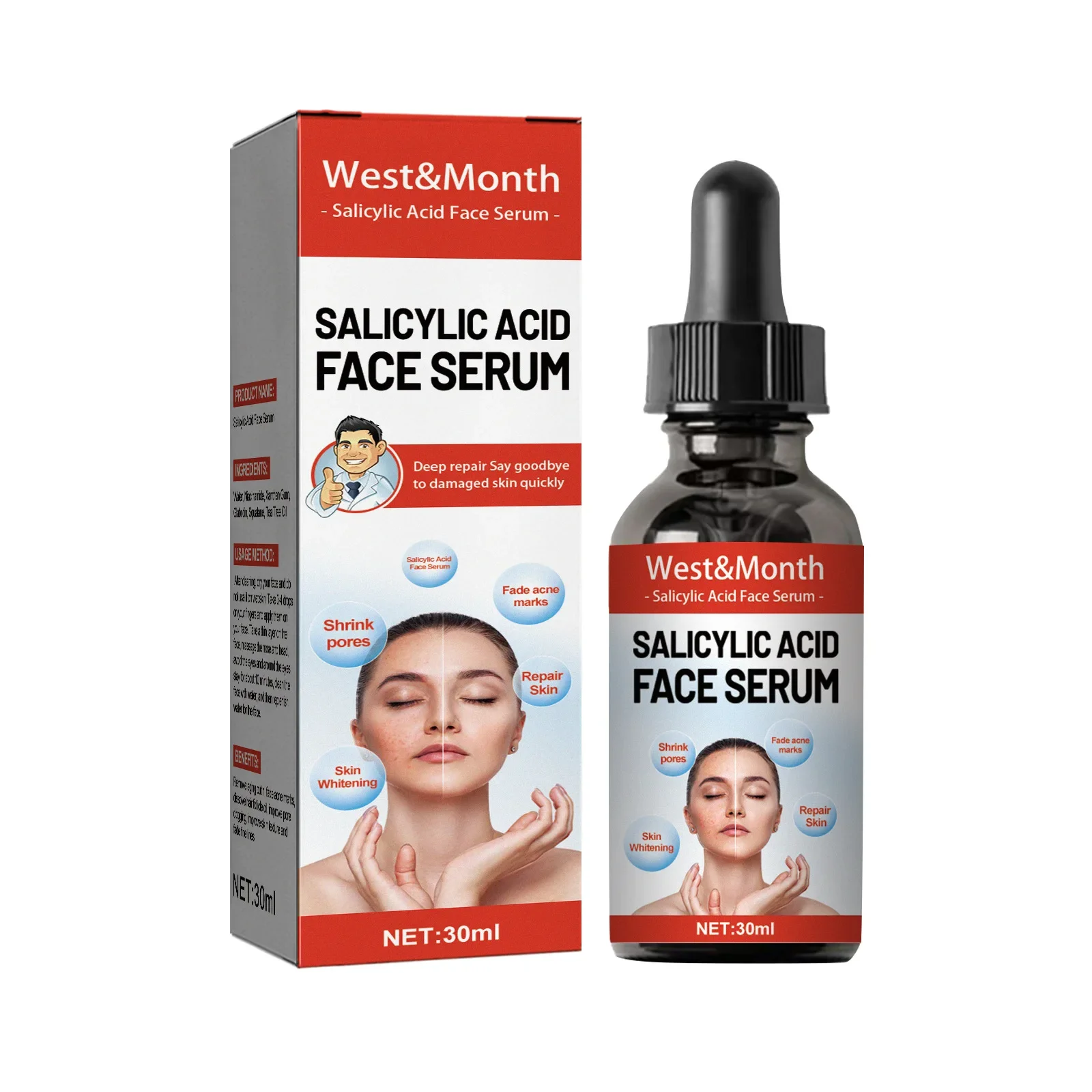 Facial Serum Niacinamida Whitening Face Serum Freckles Dark Spot Remover Salicylic Acid Pore Shrink Moisturizing Korean Skin Care Product30ml