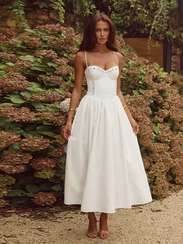 Elegant Lady White High Waisted A Line Long Dresses Sexy O Neck Backless Sleeveless Robes Chic Women Evening Party Gowns 1