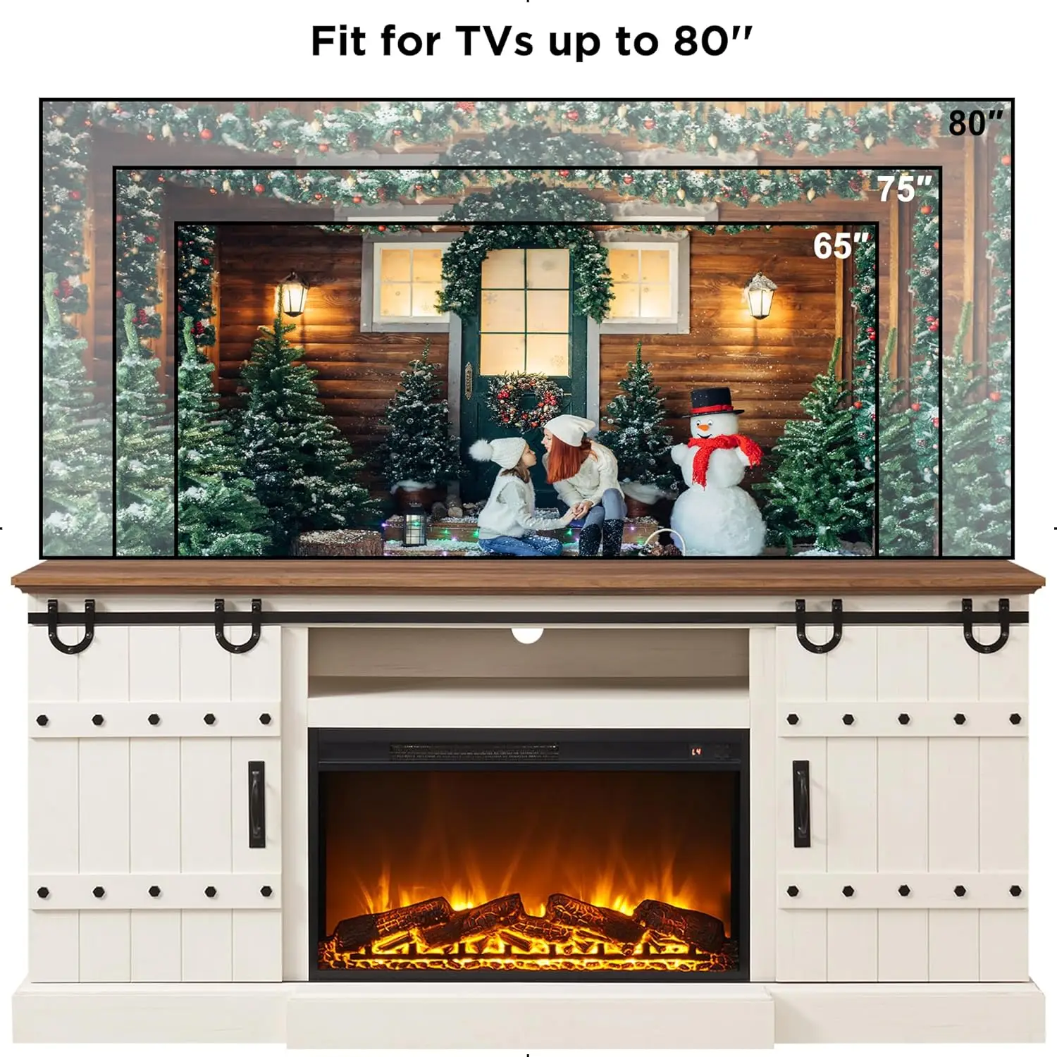 70" Fireplace TV Stand, Farmhouse Highboy Entertainment Center, Rustic Tall Media Console Cabinet for Living Room, Antique White 6