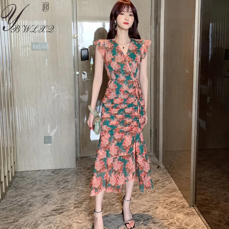 

Summer Print Sexy Dress Women V-Neck Ruffle Sleeve Slim Waist Floral Maxi Mermaid Dress Fashion Chic Ladies Vintage Prom Dresses