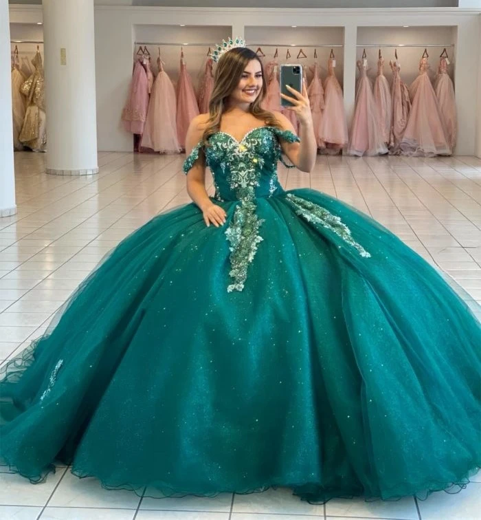 

Teal Blue Princess Quinceanera Dresses Ball Gown Off The Shoulder Tulle Appliques Sweet 16 Dresses 15 Años Mexican