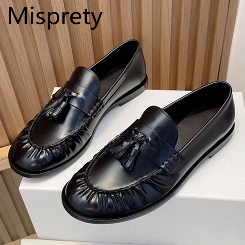 Mocasines planos de auténtica para mujer, zapatos planos con punta redonda y flecos, sin cordones, diseño de pasarela, Ballet, color negro| | - AliExpress