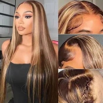 28inch 13x4 Straight Highlight Wig Brazilian Human Hair 200% Density 4/27 Colored Honey Blonde 5x5 HD Lace Frontal Wigs Glueless 1