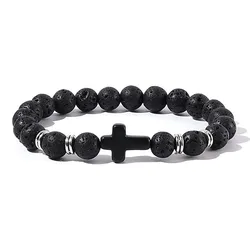 Natural Stone & Wood Bead Meditation Bracelet with Hematite Cross (Volcanic rock)
