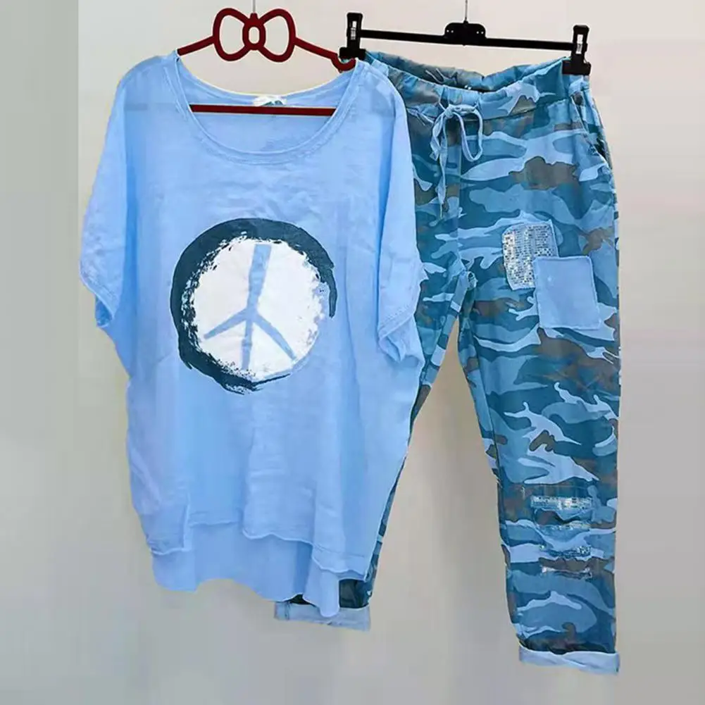 1 Set T-shirt Pants Camouflage Drawstring Crew Neck T-shirt Pants Two Piece Set Women Outfit Casual Sports Blouse Pants Suit blouses floral button o neck blouse in blue size l m s xl