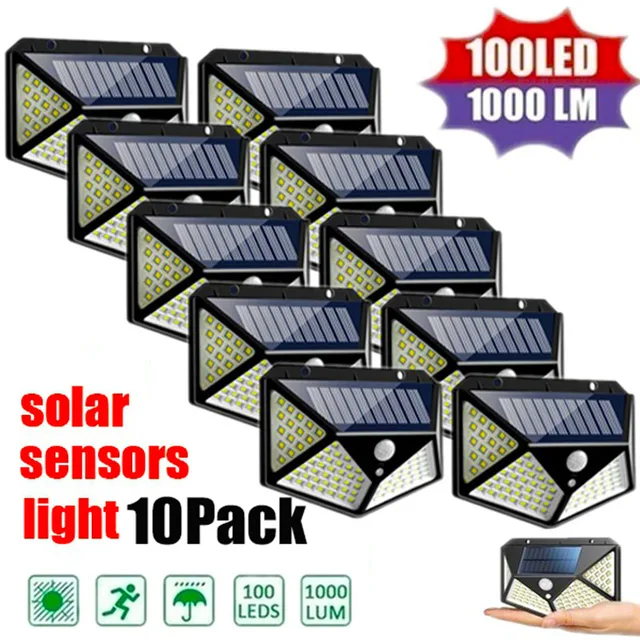 100 LED 태양광 벽 조명, 모션 센서, 방수 야외 정원 램프