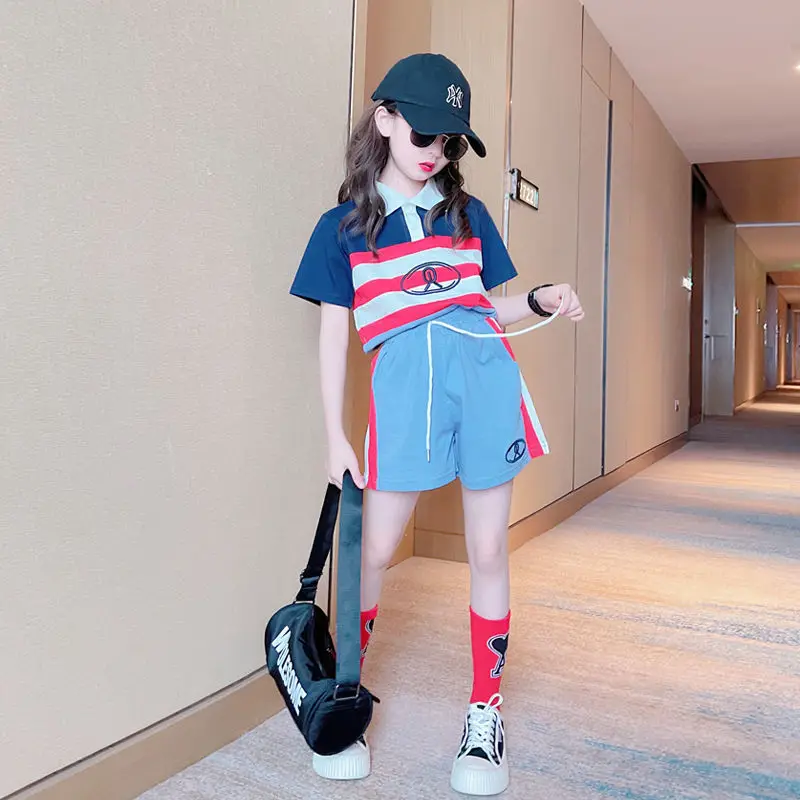 

Summer Girls Cotton Contrast Striped Short-Sleeved Shirt Tops+Drawstring Shorts Set School Kids 2PCS Suit Child Outfit 3-16Years