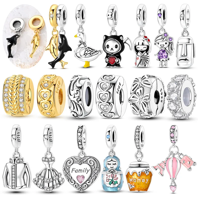 Original 925 Sterling Silber Charms Perlen Passend für Anhänger Armband Halskette Katzen-Herz-Charms Clip Damen DIY Feiner Schmuck Zubehör