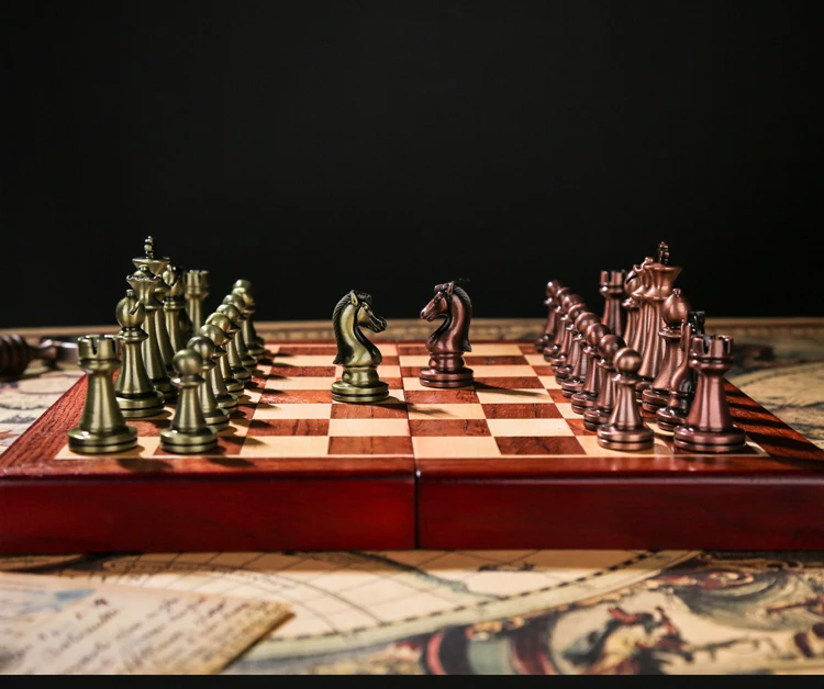 Description Picture 4 of itemHigh-End International Chess Set with Wooden Folding Board Metal Pieces Gift Box Retro European Ornament for Entertainment
