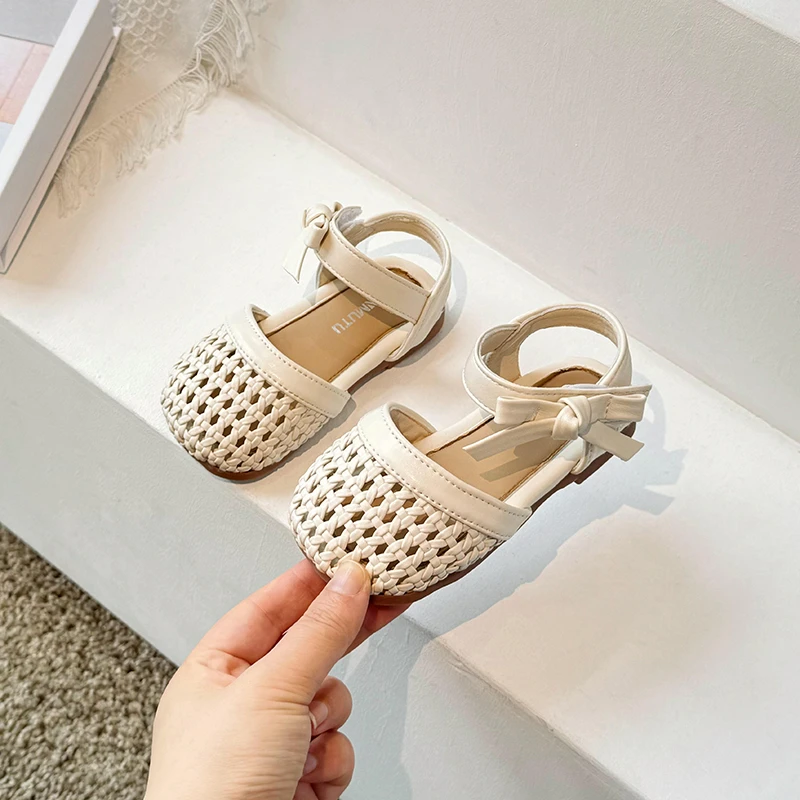 2024 Summer Baby Girls Woven Sandals Children Bow Princess Shoes Kids Barefoot Beach Shoes Soft Sole Anti Slip Infant Sandals 3