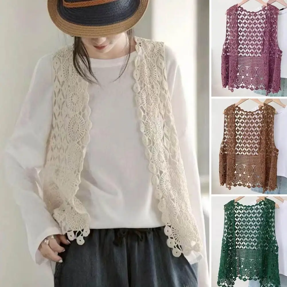 

Women Vest Retro Knitted Crochet Women's Summer Vest Stylish Open Stitch Cardigan for Outwear Loose Thin Coat Top Women Knitwear