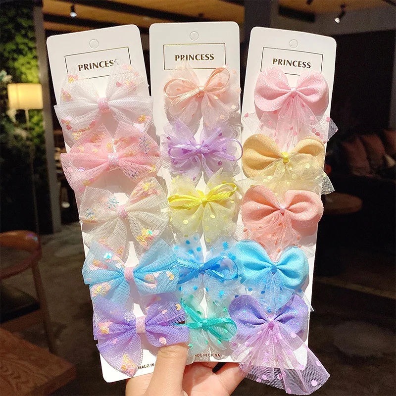 Princess Hair Bows Clips For Girls Kawaii Accessories Korean Style Mesh Lace Sequin Hairpin Child Sets