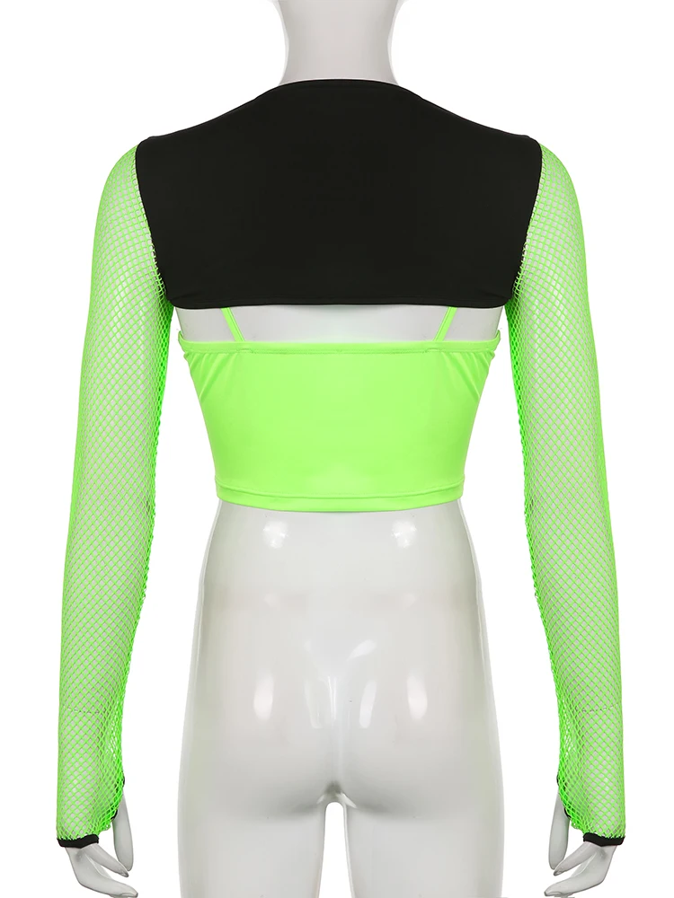 Darlingaga Streetwear Neon Green Mesh Fishnet Top Women Tshirt