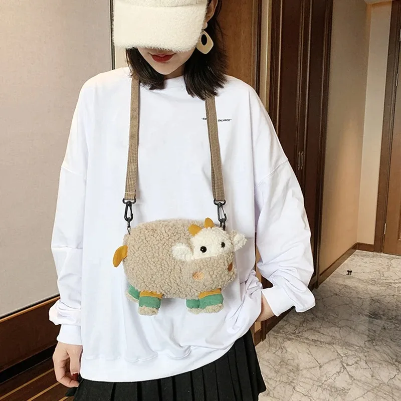 Lovely Cartoon Cow Shape Faux Fur Messenger Bags Kid Bag Cattle Crossbody Bags Small Handbags Coin Bag Purse Women'S Bag