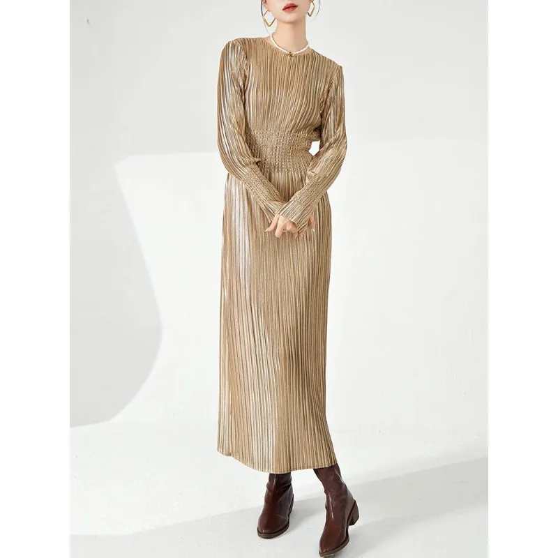 

Miyake Elegant Party Pleated Women Dress Round Neck Gathered Waist Long Sleeves Long Dresses Fashion 2024 Spring New Female