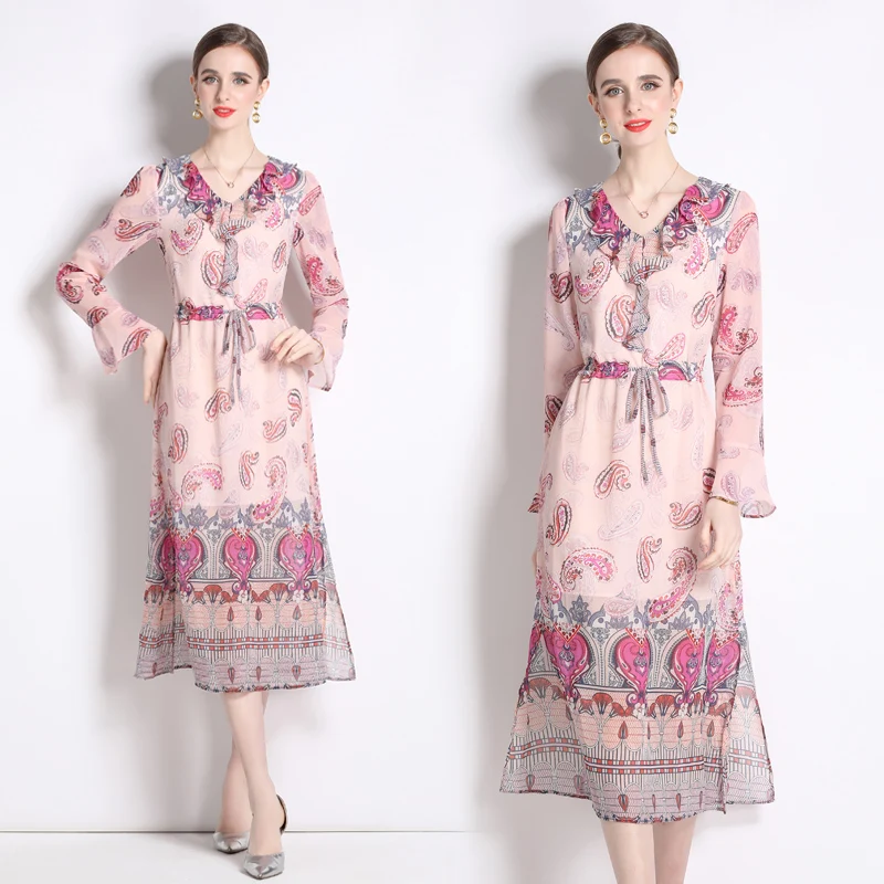 

2023 new flounce A-line dress goddess fan print chiffon dress TS3630068