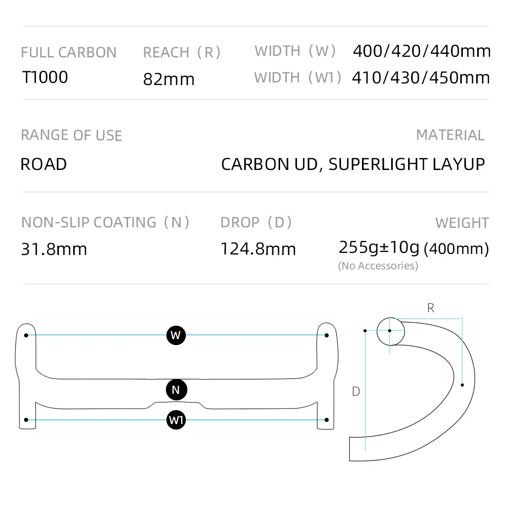 Guidon de route en fibre de carbone LEXON, barre de chute de 31,8 mm UD mat - Image 2