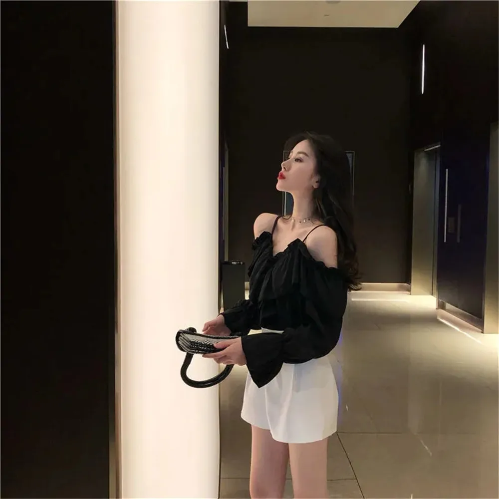 Y2K Ruffles Sexy Off Shoulder Blouses Women Party Design Stylish Ulzzang Long Sleeve Harajuku Solid All-match Soft Ins Crop Tops 4