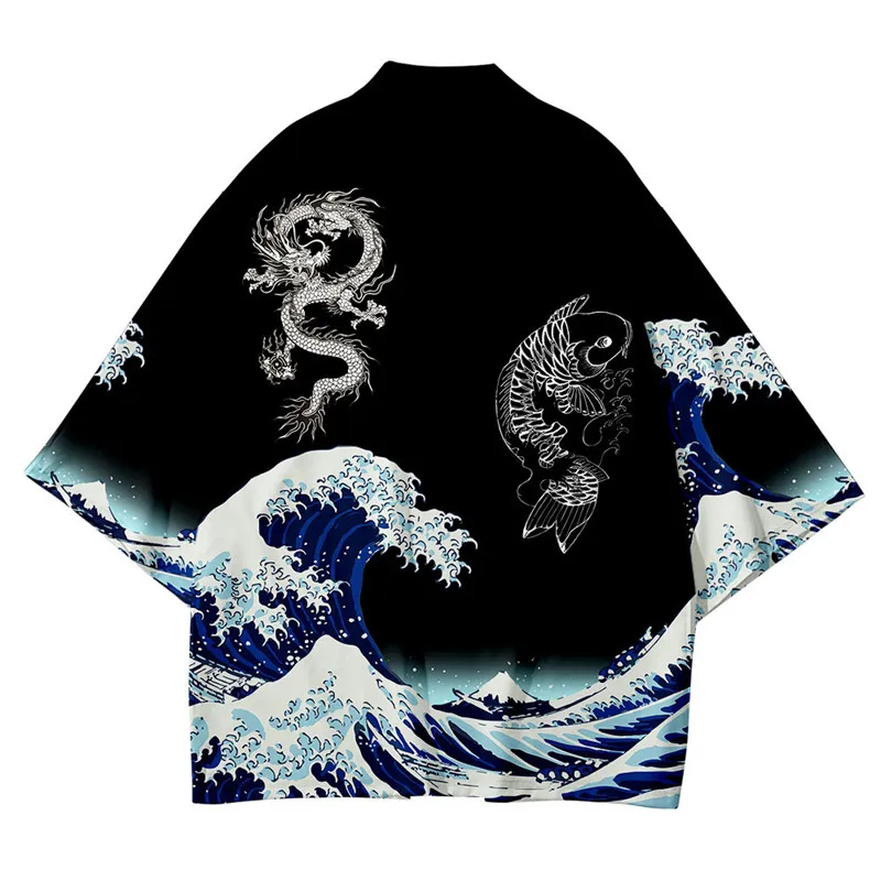 3 To 14 Years kids kimono Japanese Costume Boys Girls Kanagawa Wave Dragon Carp Haori Cardigan Jacket Children Beach Wear Cloak