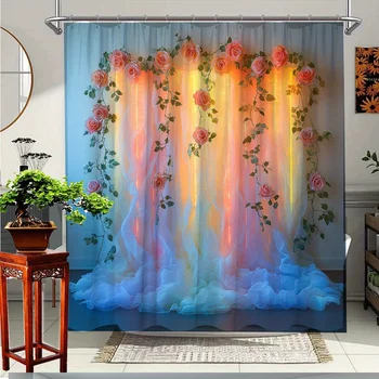 Tenda da doccia floreale romantica, design elegante a forma di rosa per la decorazione del bagno, tenda da doccia in tessuto di poliestere morbido e liscio 1